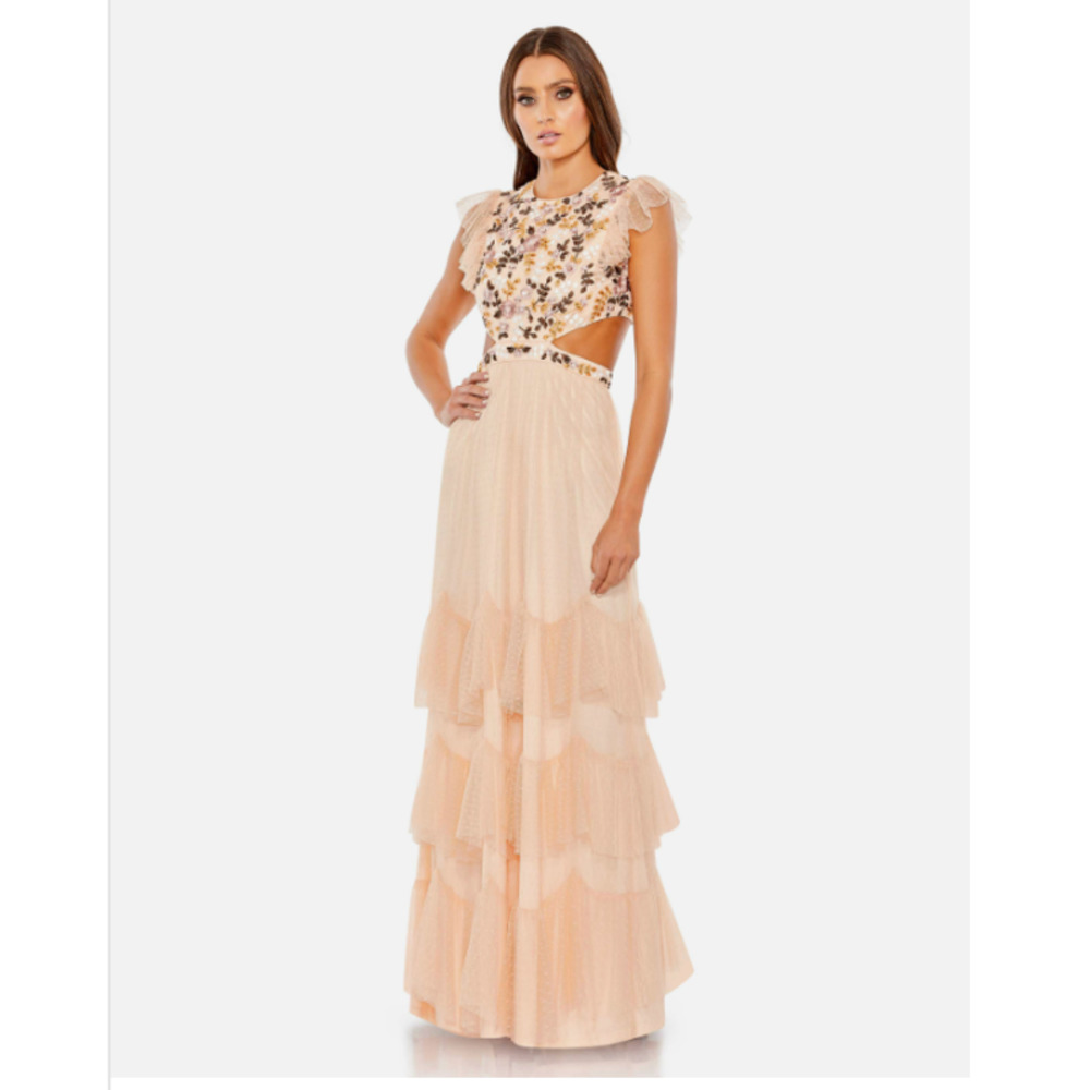 MAC DUGGAL EMBROIDERED BODICE CAP SLEEVE RUFFLE TIERED GOWN SIZE 4